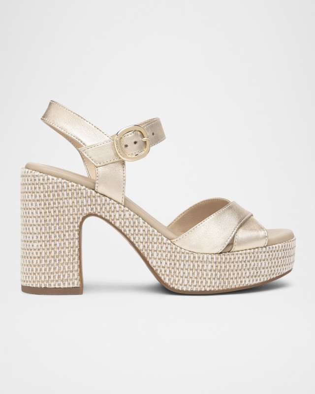 Metallic Leather Criss-Cross Strap Woven Platform Sandals